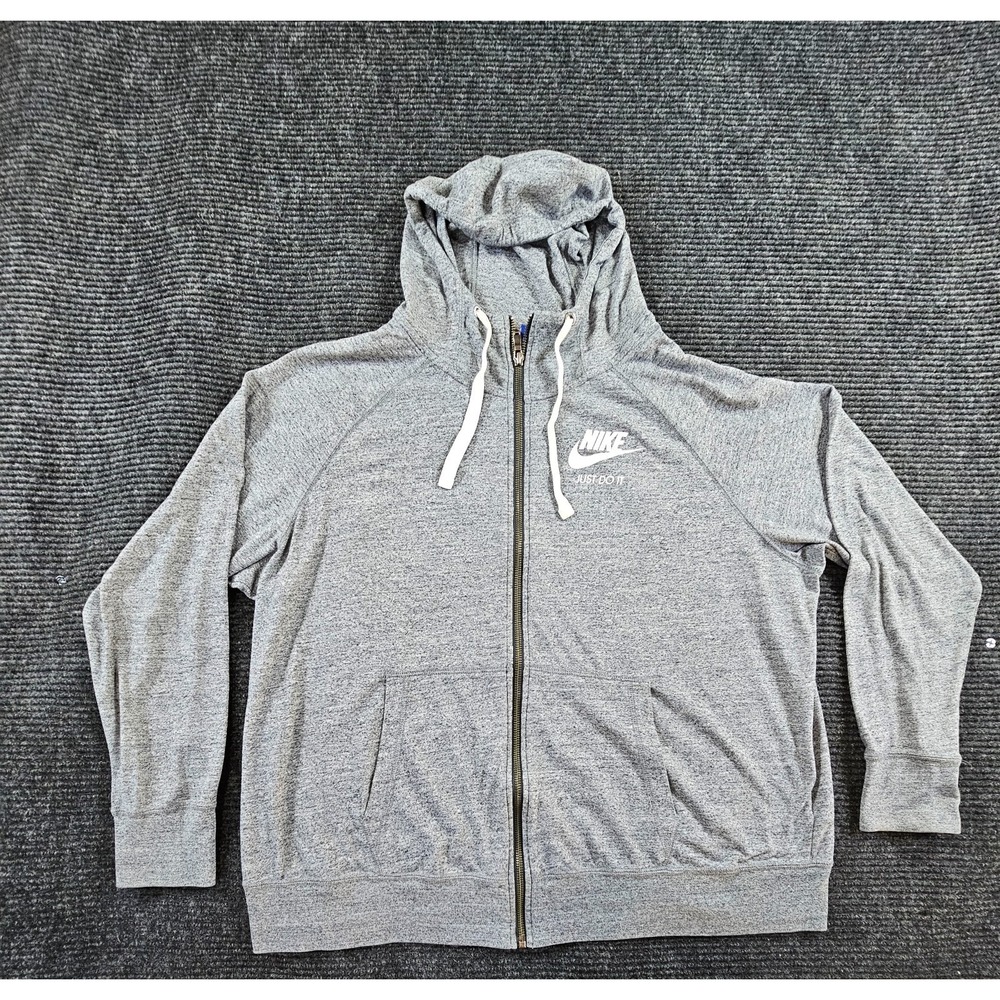 Nike Hoodie Women 2X Gray Just Do It Logo Raglan Sleeve Kangaroo Pocket Full Zip
